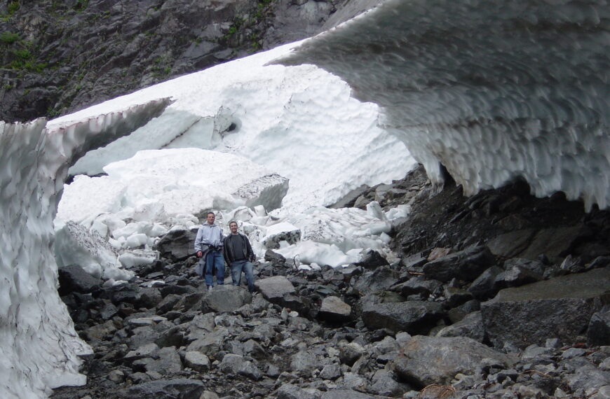 Hikers in ice cave